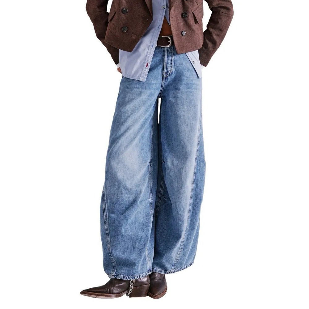 FP We The Free Good Luck Barrel Jeans 27 Blue Distressed Boho Utility Balloon
